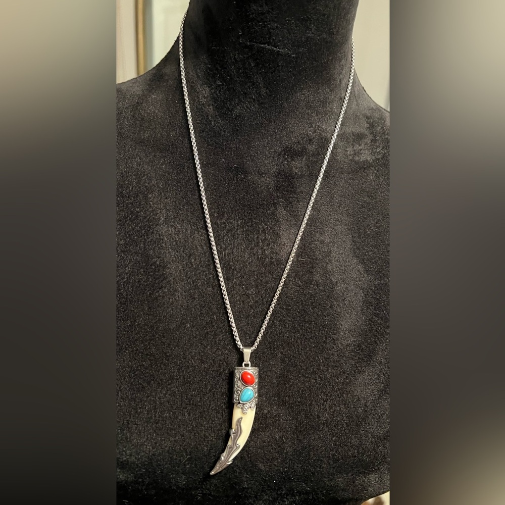 Navajo Style Wolf tooth Silver tone 24” Necklace with Red and Turquoise Pendant